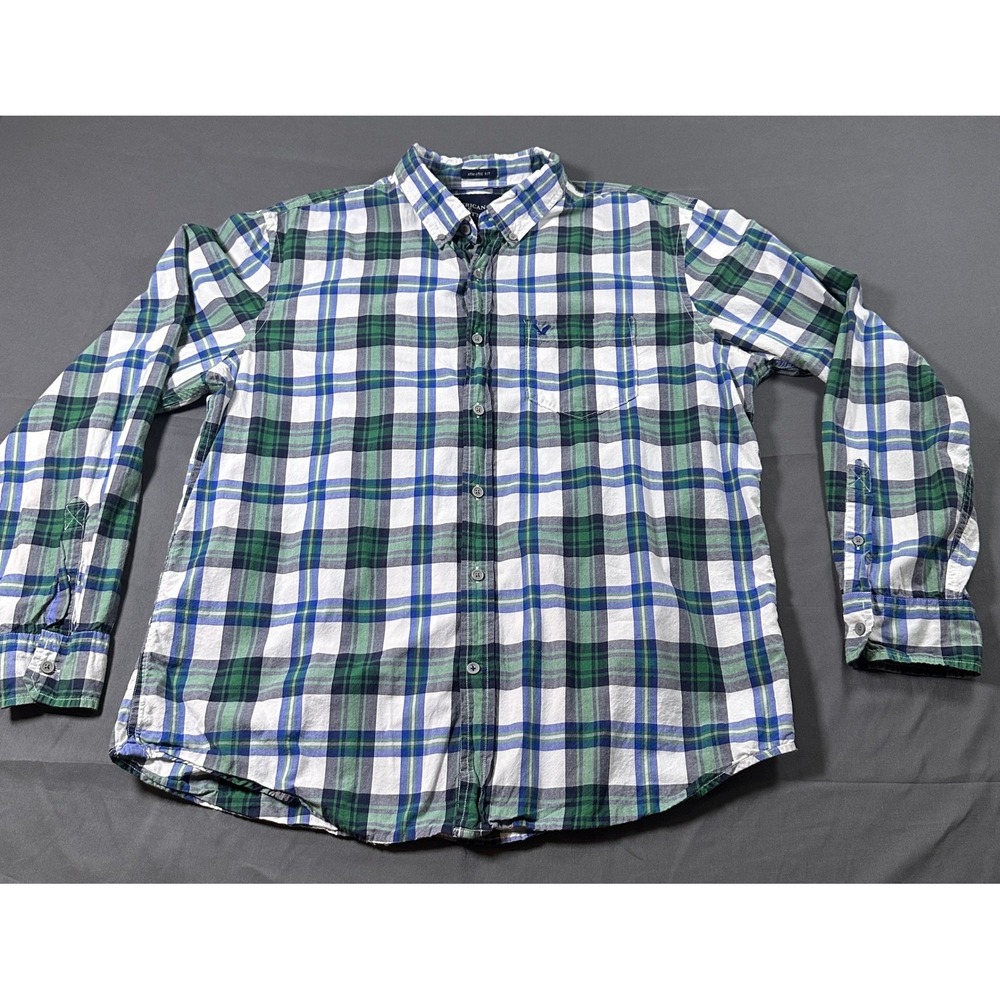 American‎ Eagle Outfitters Mens XL Athletic Fit Plaid Button Down Green Blue VTG